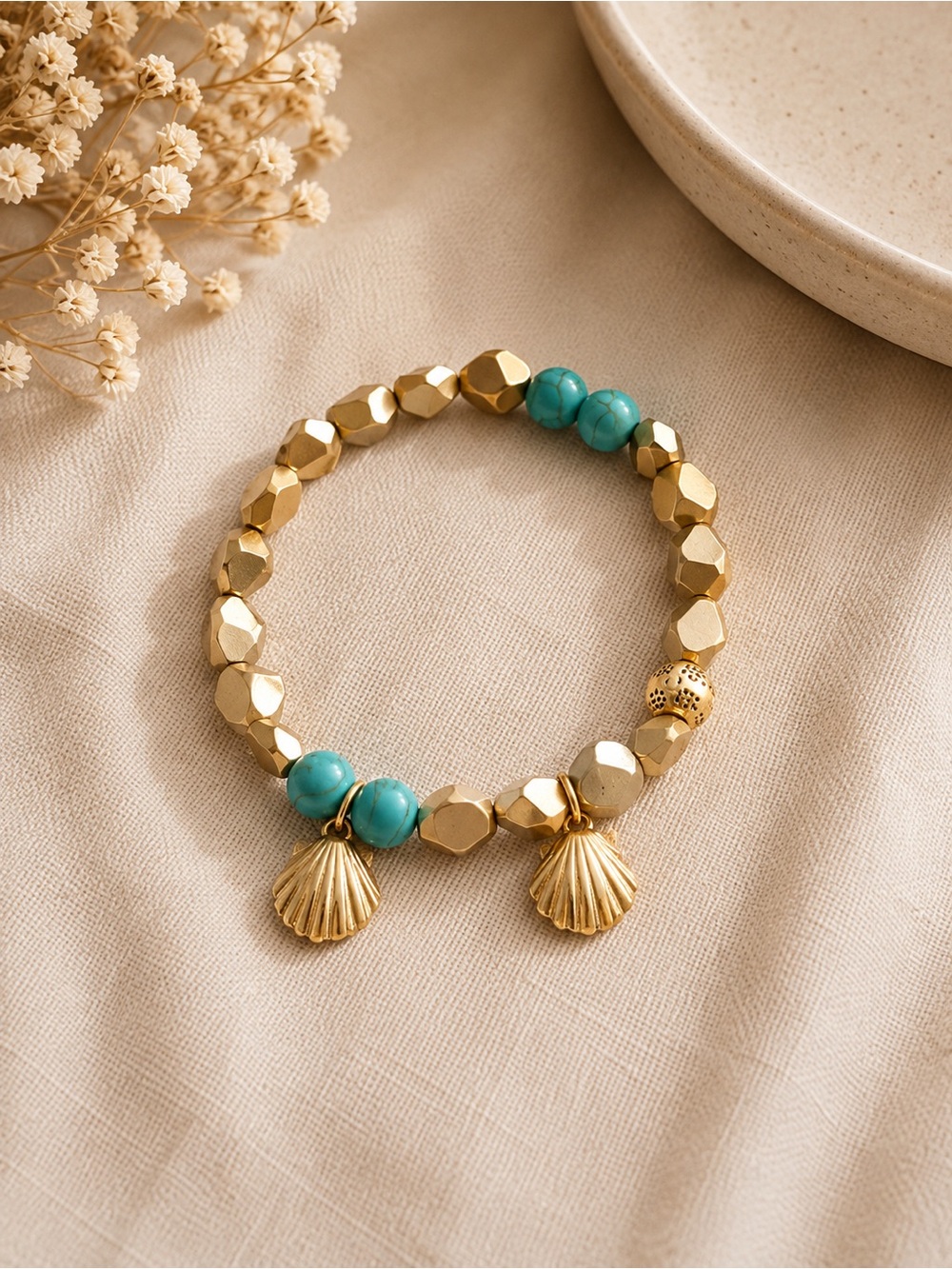 Gold and Turquoise Beaded Shell Charm Bracelet